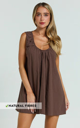 Chocolate Deep U Gathered Neck Smock Mini Dress